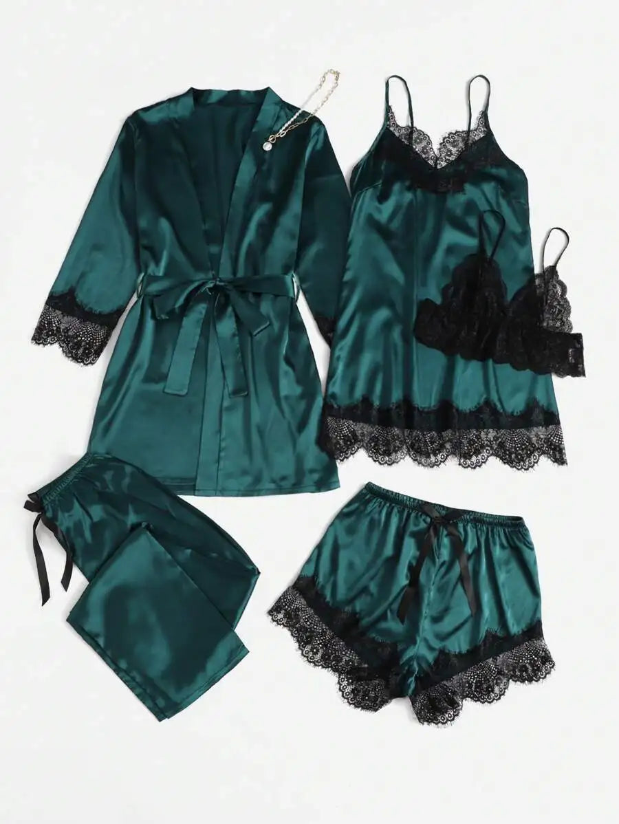 Conjunto de pijama de satén para mujer, bata de lencería Sexy, albornoz de encaje de seda, vestido de noche, pantalones, ropa de dormir para el hogar, 5 piezas