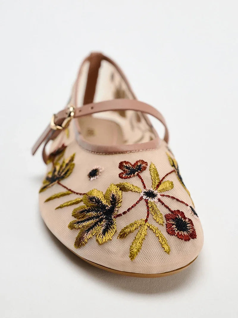 2026 zapatos Mary Jane bordados de primavera para mujer, zapatos de suela blanda transpirables para exteriores, zapatos planos de Ballet cómodos sin cordones para mujer