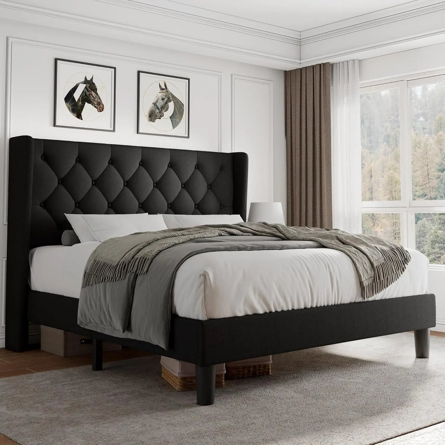 Cama Queen con Plataforma de Terciopelo, Tapizada con Botones, Estructura de Madera, Láminas de Madera, 8 Pulgadas de Espacio de Almacenamiento Debajo de la Cama, Sin Necesidad de Somier, Sin Ruido, Fácil de Montar