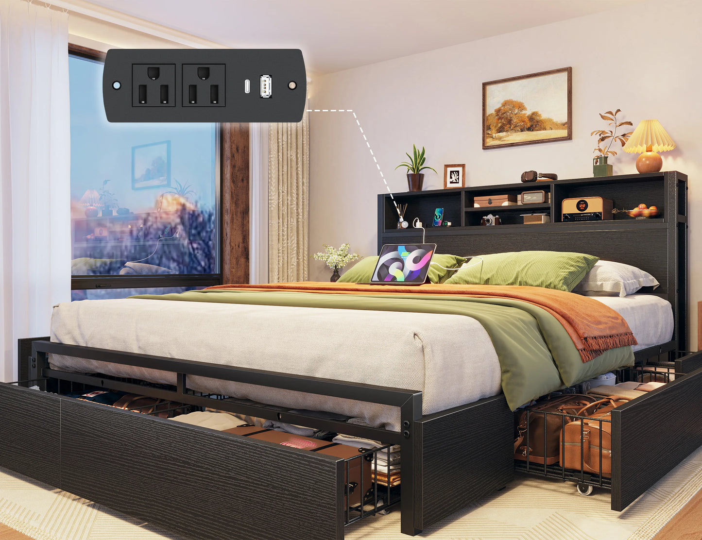 EnHomee - Base de Cama Matrimonial/Queen/King con 6 Cajones de Almacenamiento y Estación de Carga, Base de Cama de Plataforma Metálica con Cabecera con Librero, Sin Ruido