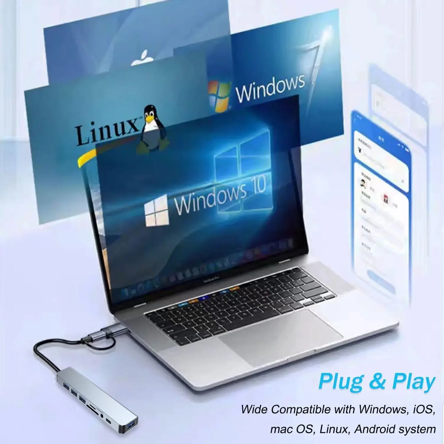 HUB USB 8 en 1 con lector de tarjetas SD/TF, puertos auxiliares de 3,5mm para MacBook Pro Air, PC, portátil y tableta