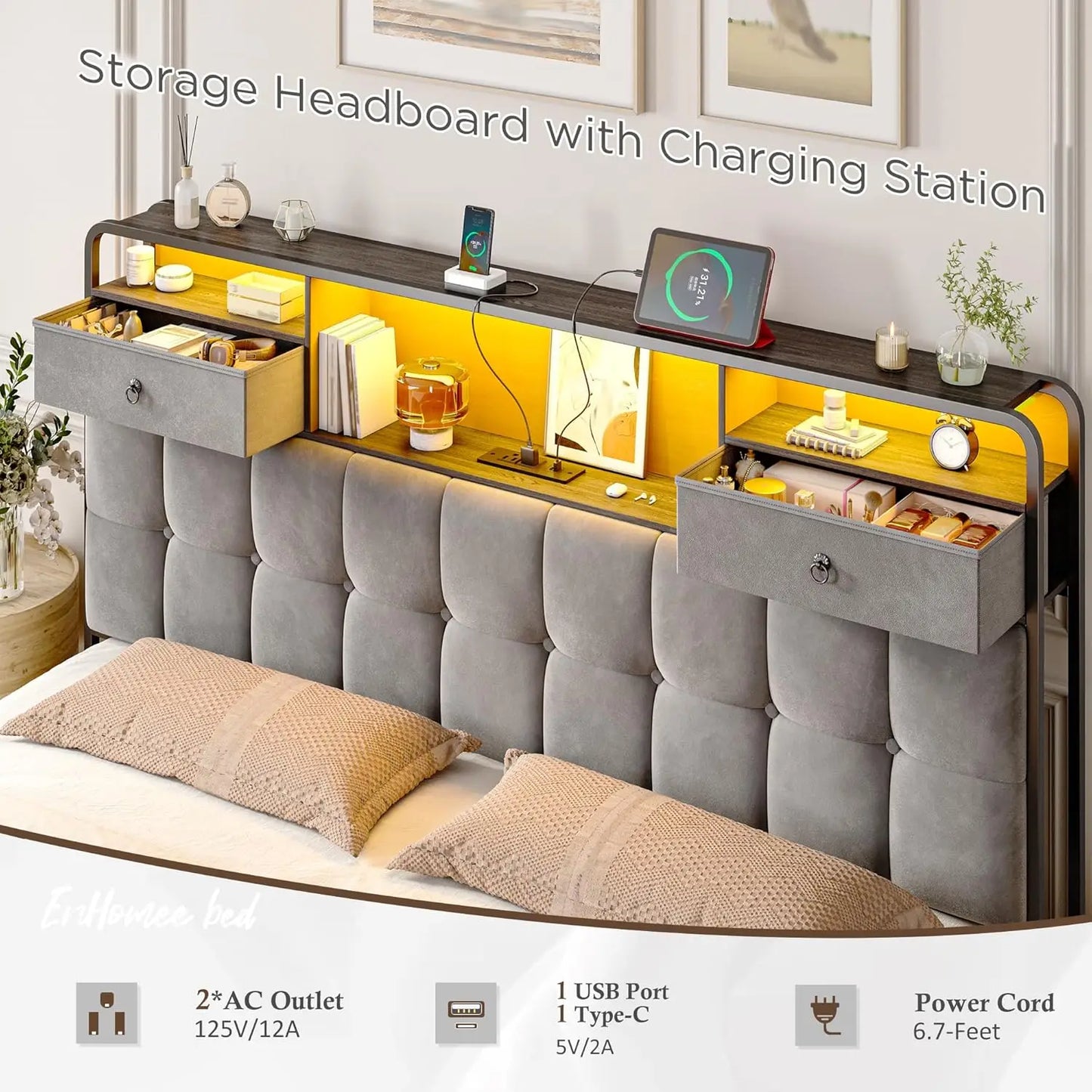 Base de Cama King con 6 Cajones, Luces LED, Cabecera de Terciopelo, Estación de Carga, Sin Somier, Silenciosa, Fácil Montaje, Gris
