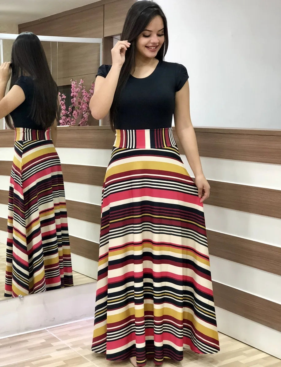 Vestido de manga corta a juego con estampado de flores de estilo europeo y americano para mujer, falda con vuelo grande, 2024