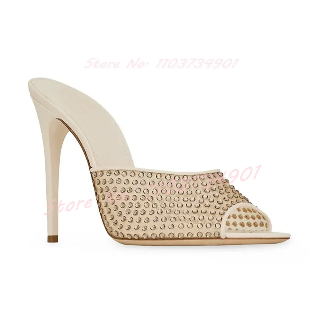 Zapatillas de malla con cristales y punta puntiaguda para exteriores, zapatillas informales a la moda con tacón sin cordones para mujer, zapatillas elegantes de lujo para fiesta