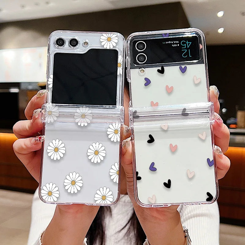 Funda de teléfono transparente con diseño de flor de amor para Samsung Galaxy Z Flip7 FE Flip 7 6 5 4 3 5G Flip5 Flip6, funda dura para PC a prueba de golpes