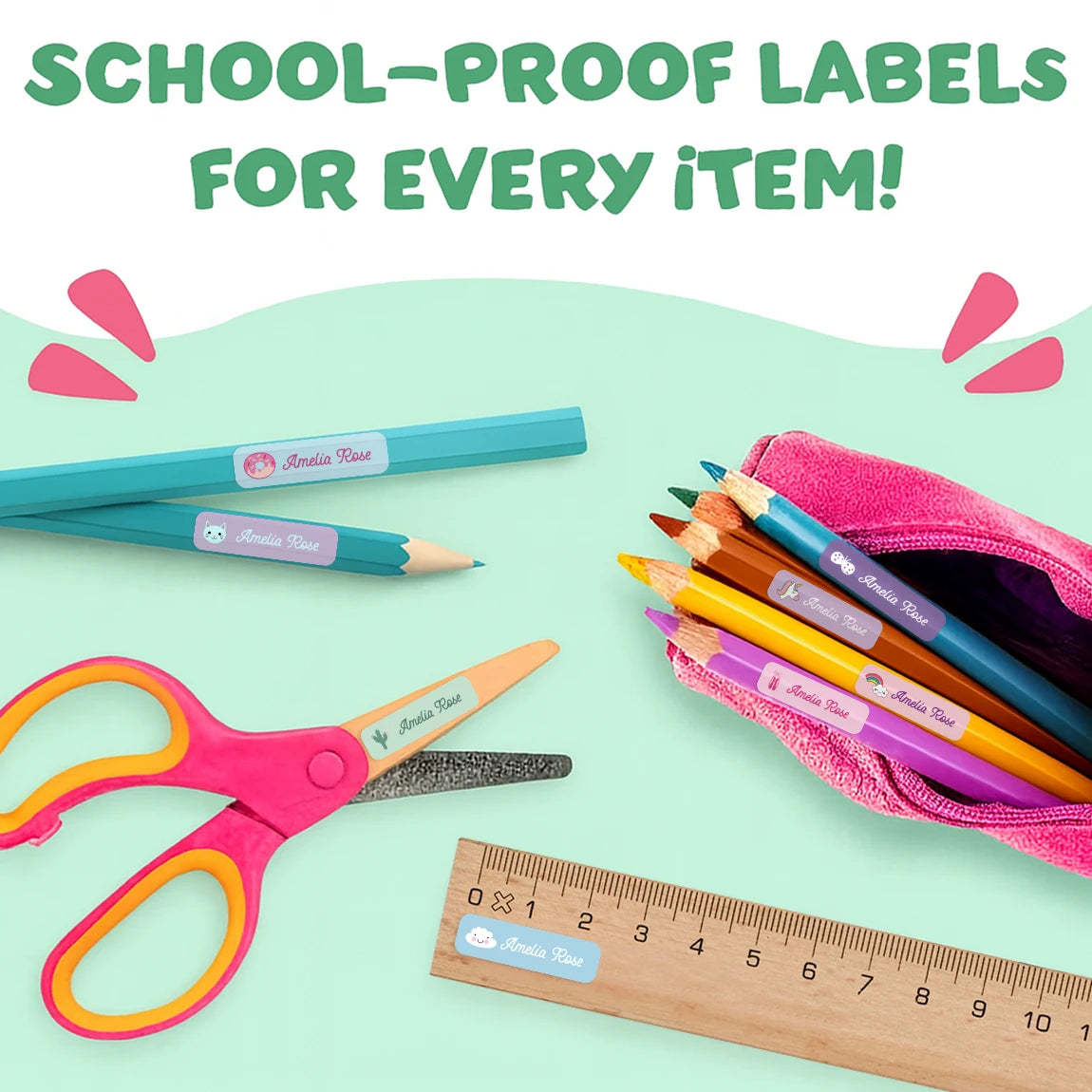 132 pegatinas de nombre personalizadas para niños, etiquetas de nombres impermeables personalizadas para botellas, loncheras, útiles escolares