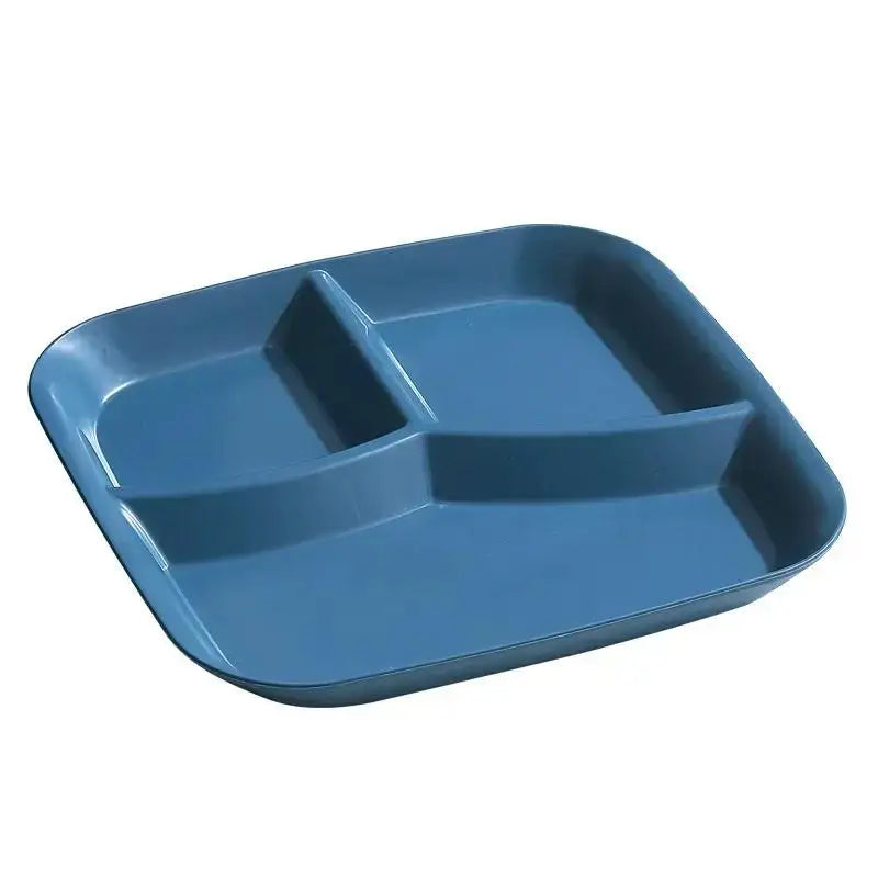 Plato de comedor cuadrado de tres rejillas de plástico, plato de desayuno para el hogar, plato de fideos y nueces, partición cuantitativa, plato de comida ligero