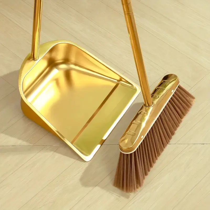 Juego de escoba y recogedor de acero inoxidable dorado, modelo básico, recogedor para exteriores, recogedor para restaurantes, escoba para limpieza de suelos, recogedor de pie, recogedor para jardín, para el hogar y la ofic