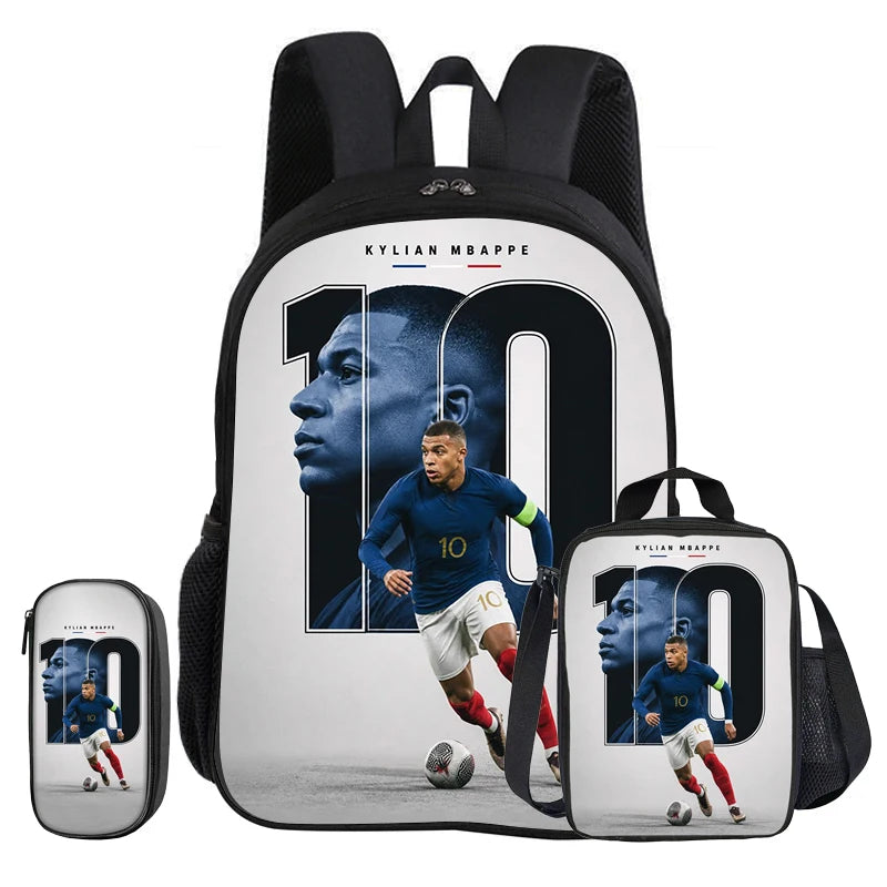 M-Mbappe-Juego de 3 piezas de mochila escolar con diseño de estrella de fútbol para niños, bolsa para lápices, mochila con bolsa para el almuerzo, mochila deportiva, regalo para niños