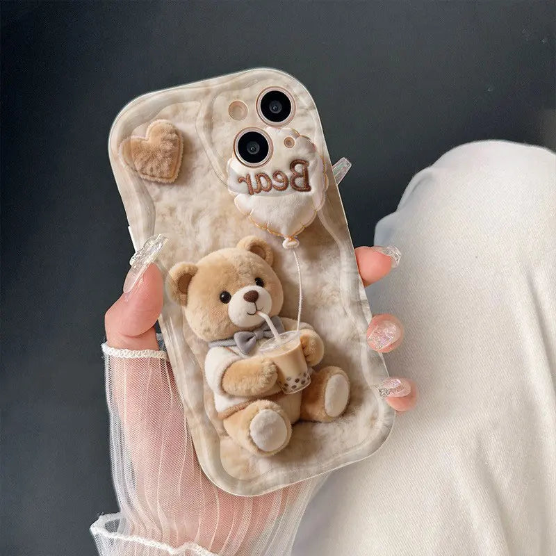 Funda de Teléfono con Diseño de Oso de Peluche y Té de Perlas para iPhone 17 Pro Max 16 11 12 13 14 15 Plus 17 Air 16E, Funda de Silicona Suave