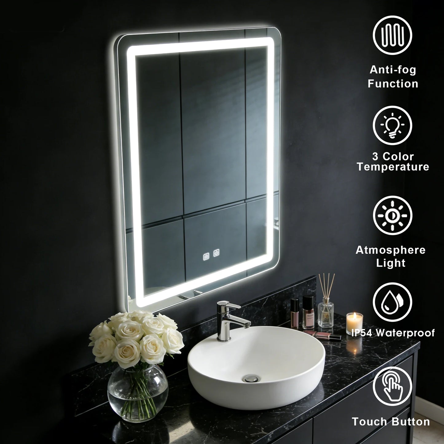 Espejo de Baño LED de 50x70cm con Luces Retroiluminadas, Espejo de Maquillaje Antivaho, Montado en la Pared con Desempañador