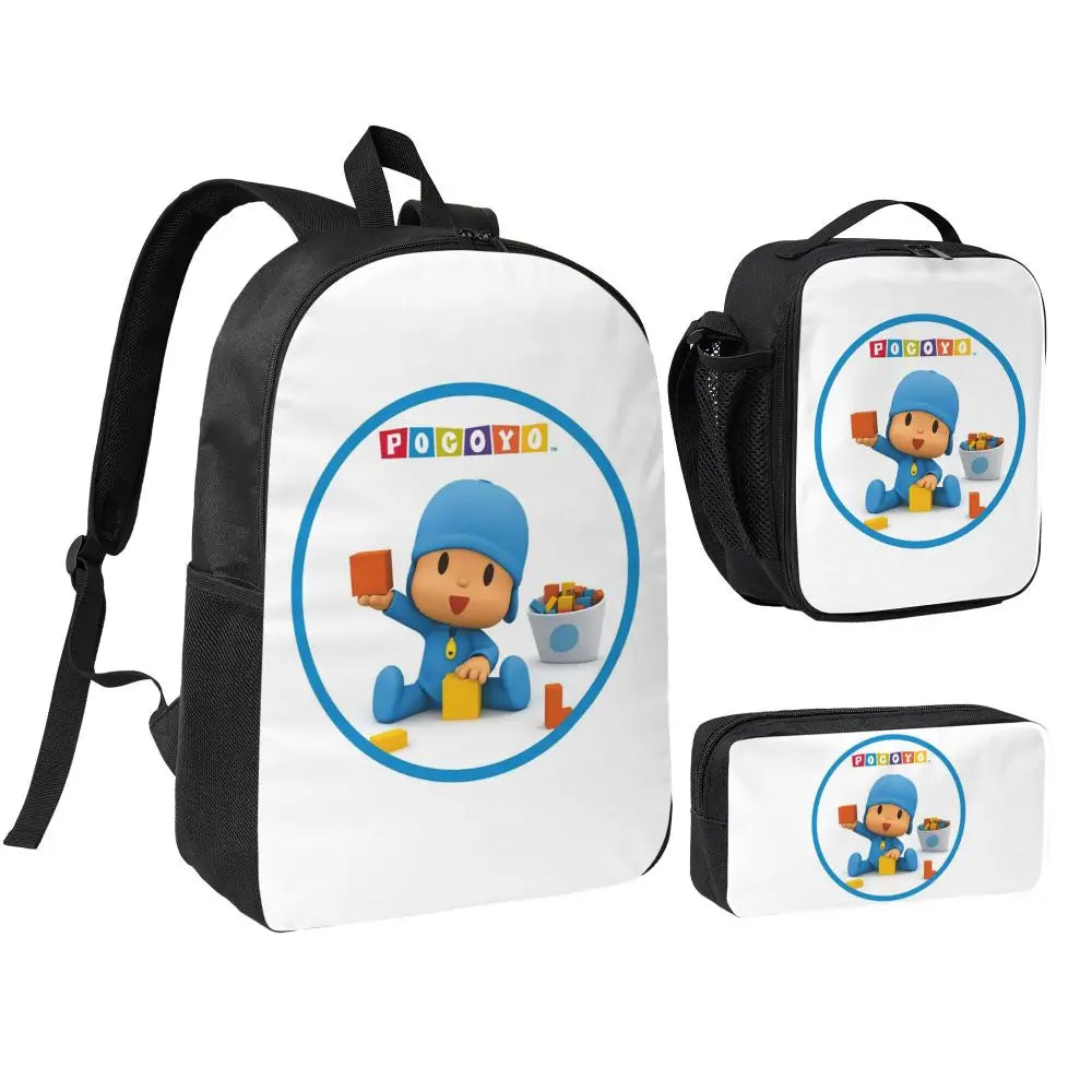 Mochila azul de dibujos animados de Pocoyo para niños, mochila escolar, bolsos de hombro para ordenador, bolsa de almuerzo aislada de 3 piezas, estuche para lápices