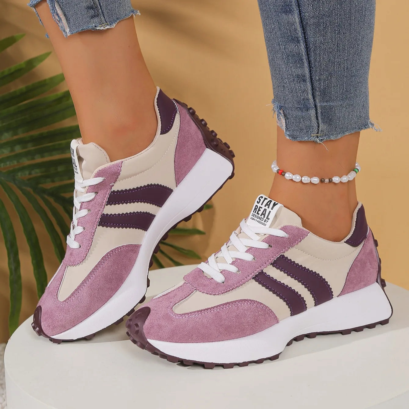 Zapatillas de deporte de fondo grueso para mujer, zapatillas de deporte informales de cuero con retales, zapatos cómodos informales para exteriores, primavera 2025