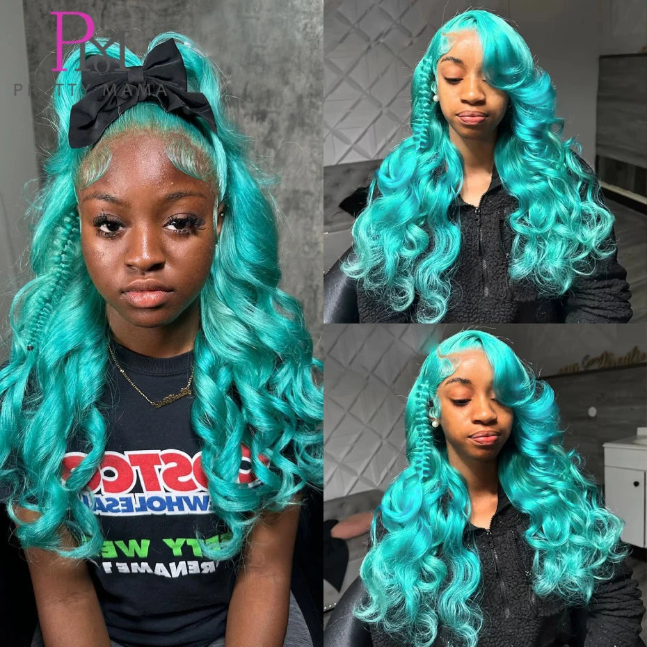 Peluca con malla Frontal azul cian 13x6, cuerpo ondulado, peluca con malla Frontal verde claro, cabello humano prearrancado Rubio 613, pelucas frontales de encaje para mujer