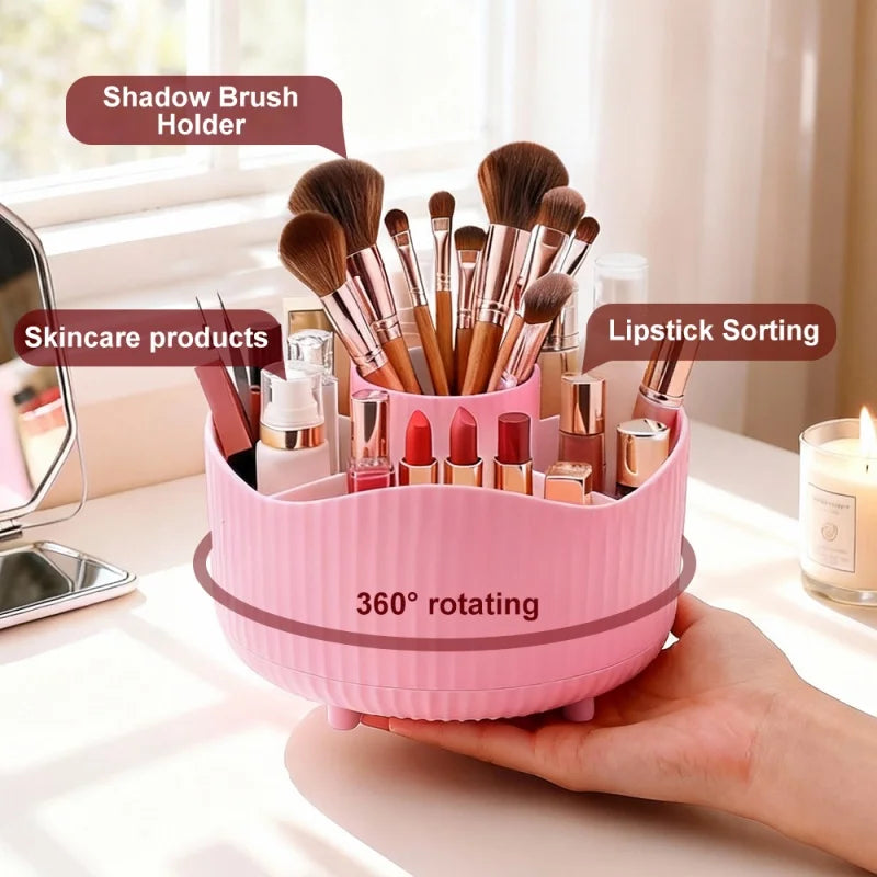 360 °   Caja de almacenamiento giratoria para maquillaje, organizador de maquillaje de escritorio, soporte para brochas cosméticas, soporte para lápiz de cejas y labios, contenedor de joyas