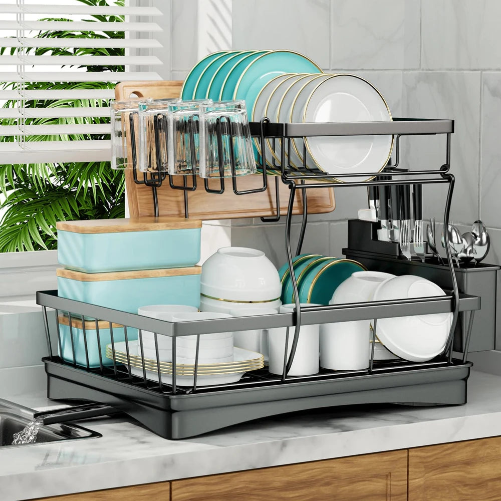 Escurridor de platos grande de 2 niveles para encimeras de cocina, escurridor de platos extraíble de gran capacidad