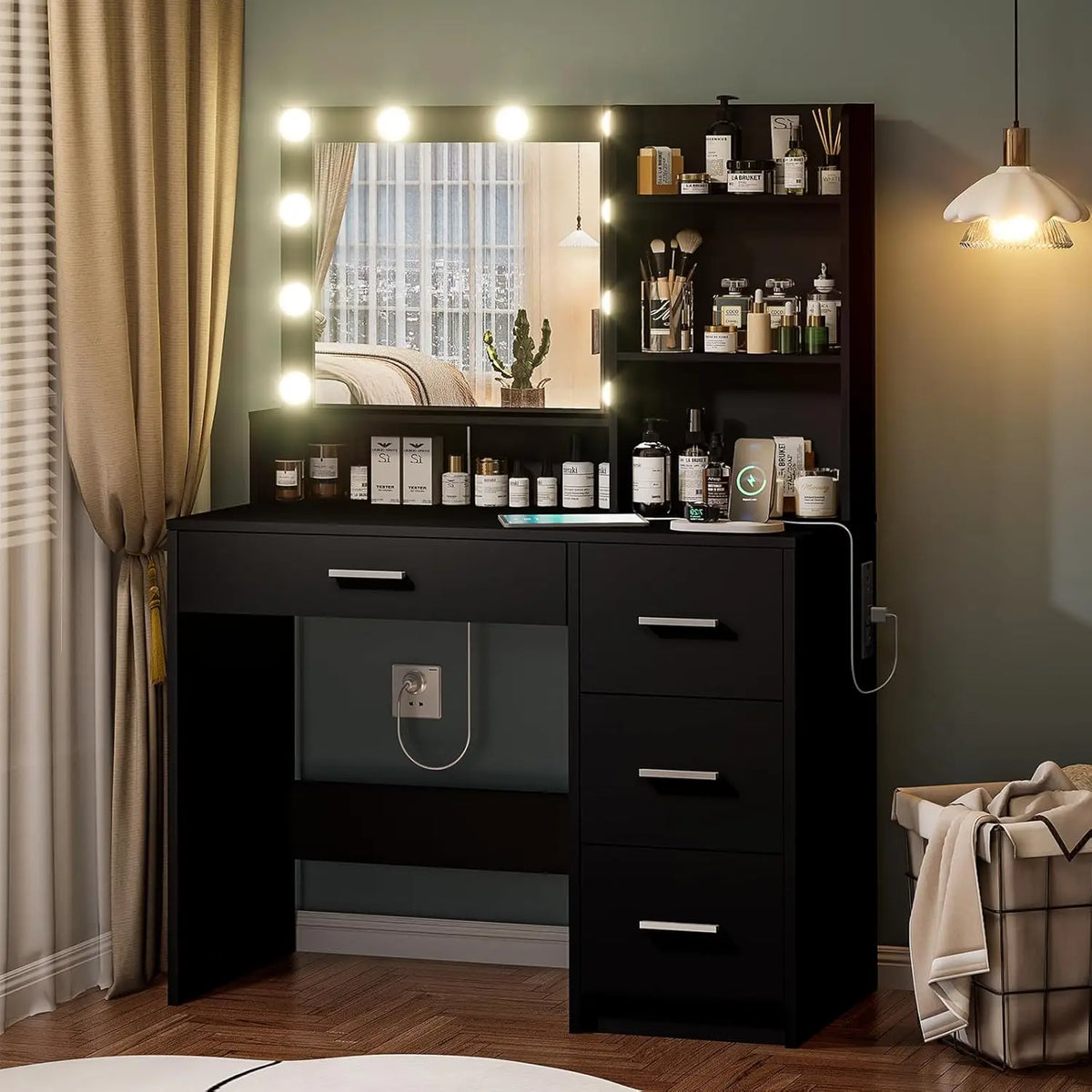 Tocador con Espejo Grande y 10 Luces LED, Escritorio de Tocador con Cubierta de Cristal, 11 Cajones con Tiradores de Cristal, Mesa de Maquillaje, Personalizable