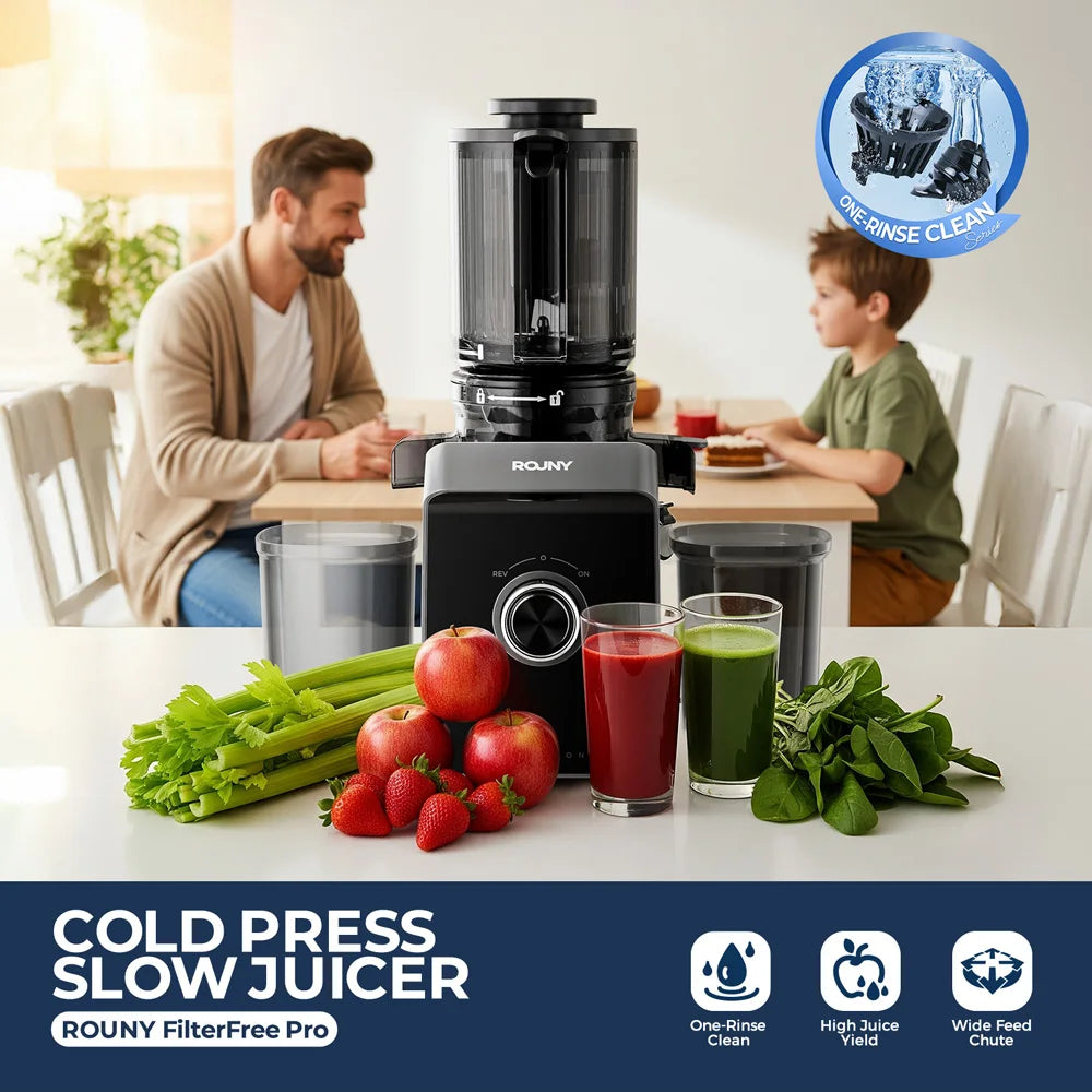 ROUNY Exprimidor lento, extractor de prensa en frío con sin filtro, máquina exprimidora de frutas eléctrica de fácil limpieza con gran calibre, negro