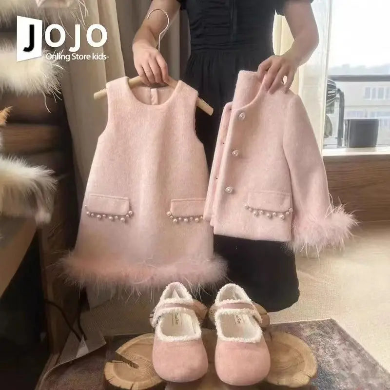 Ropa coreana para niñas, traje de lana, invierno 2025, nuevo estilo occidental, abrigo de alta gama para niños, chaleco, conjunto de dos piezas