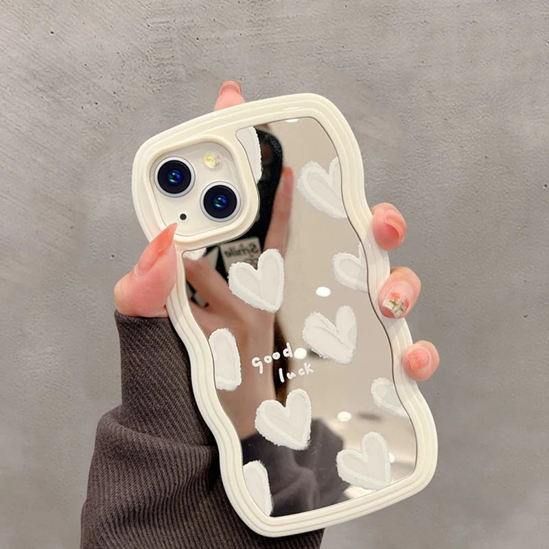Funda de teléfono con espejo de maquillaje de corazón blanco encantador coreano para iPhone 17 Air 14 15 16 Pro Max 13 11 12 14 Plus XS X XR cubierta a prueba de golpes