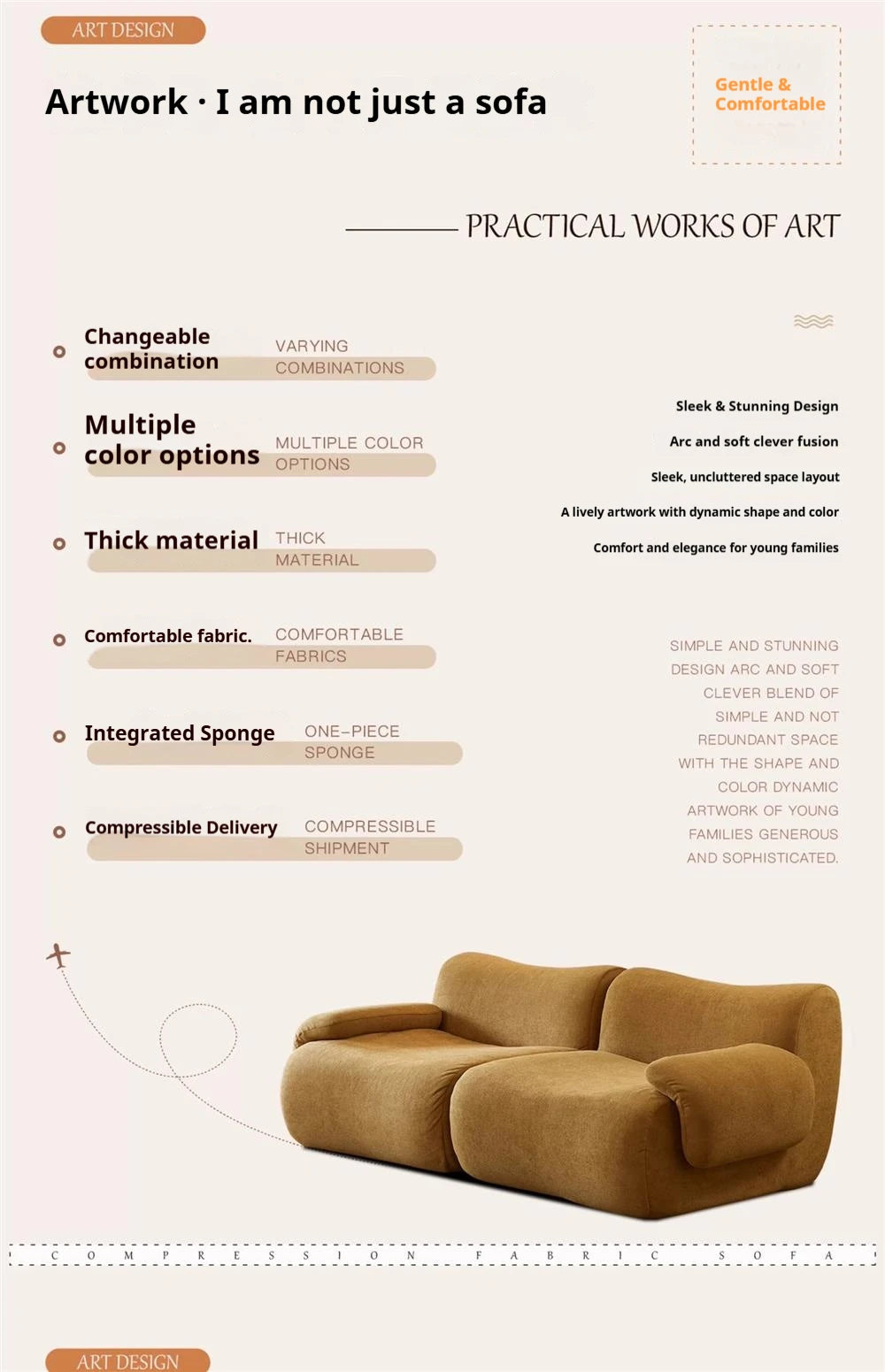 Sofá modular comprimido al vacío, seccional de tela Wabi-Sabi Sherpa con espuma muy elástica, estilo crema de mediados de siglo, ahorro de espacio
