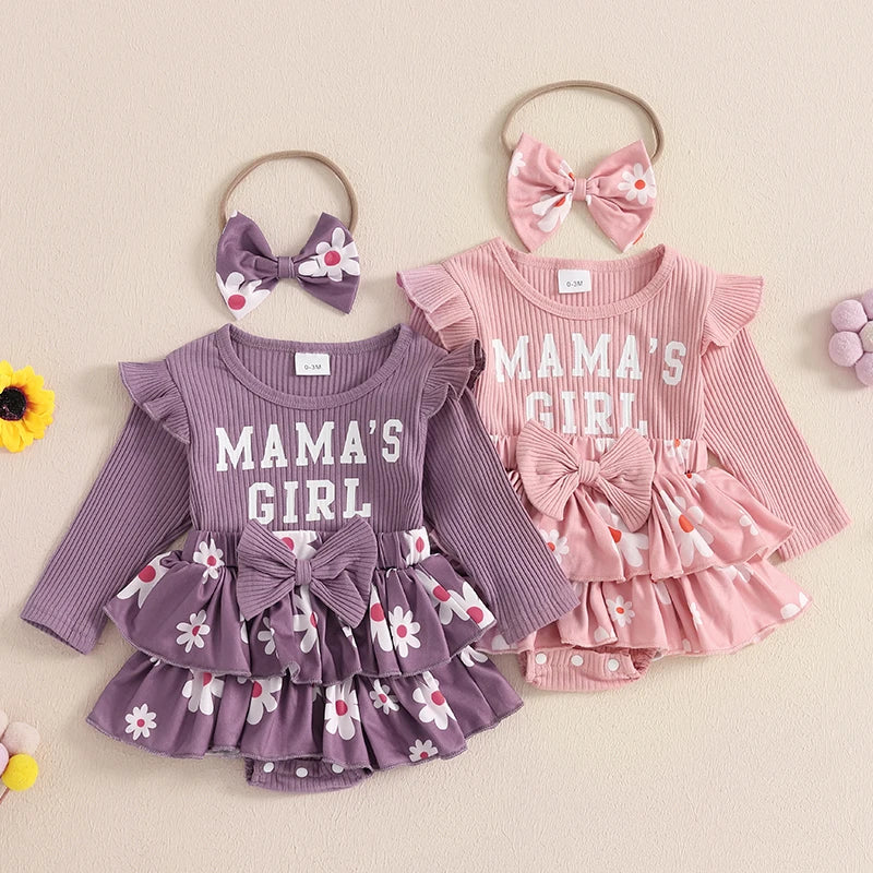 Conjunto de ropa para niña de 0 a 18 meses, pelele con estampado de flores y letras de manga larga, diadema con lazo, conjunto de ropa para niña pequeña