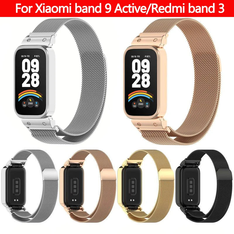 Funda de Metal + correa milanesa para Xiaomi mi band 9, accesorios activos, pulsera, correa + funda protectora de parachoques para Redmi band 3