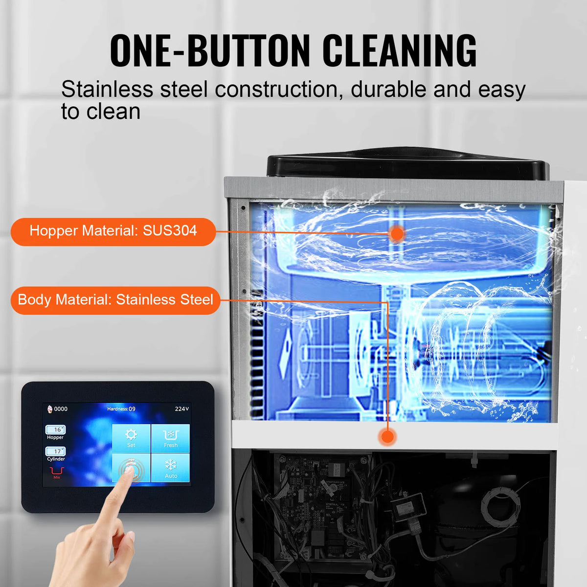 SucceBuy Máquina de Helado Comercial de 4L, de un Solo Sabor, para Mostrador, con Pantalla Táctil, Autolimpieza y Preenfriamiento