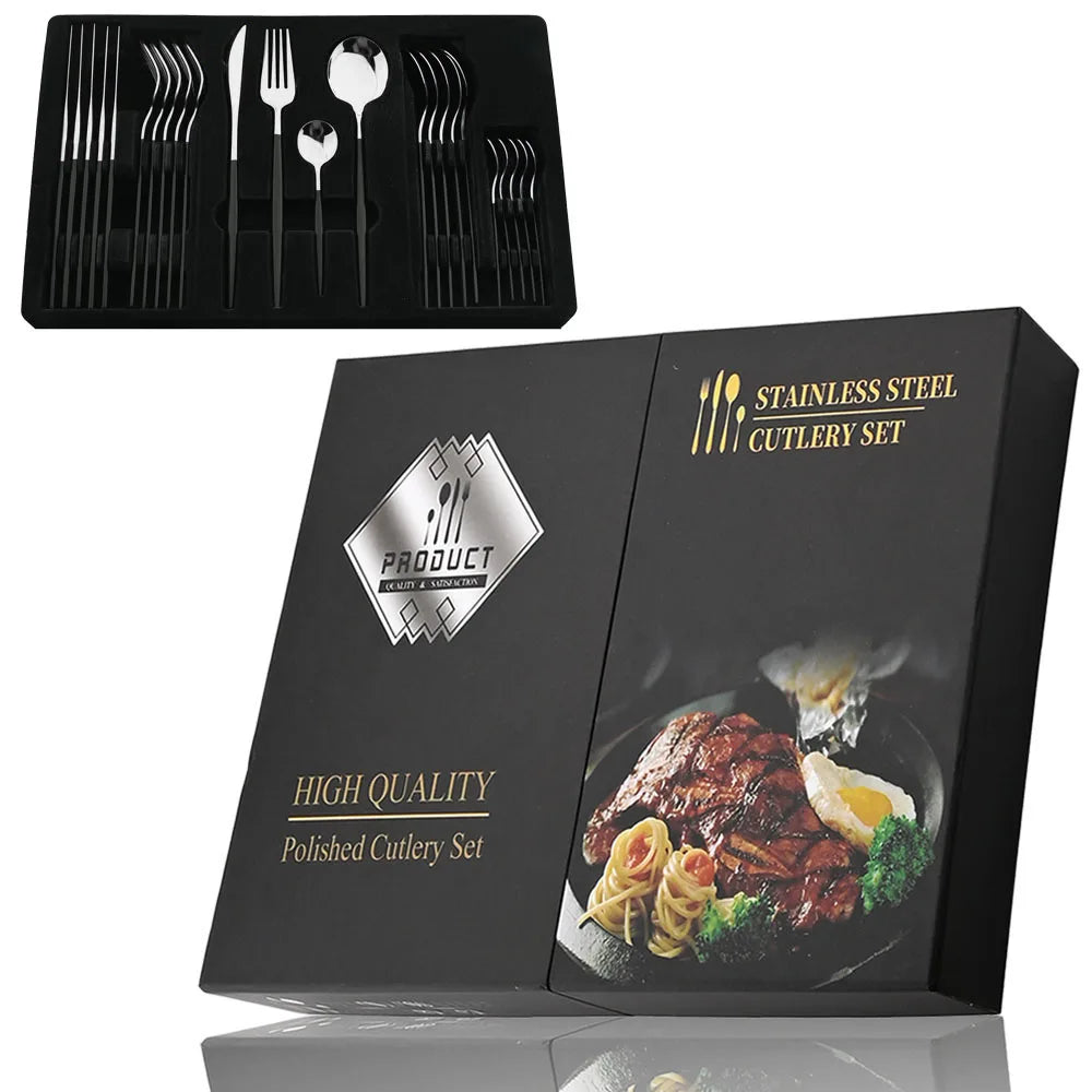 Juego de cubiertos dorados con mango negro, 24 Uds., cuchillo de acero inoxidable, tenedor, cuchara, vajilla, juego de cubiertos, vajilla de cocina para Festival, regalo