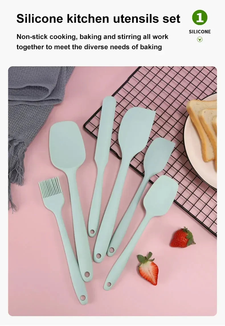Juego de utensilios de cocina de silicona de 6 piezas, espátula integrada color crema, cepillo para aceite, juego de espátulas de diferentes tamaños