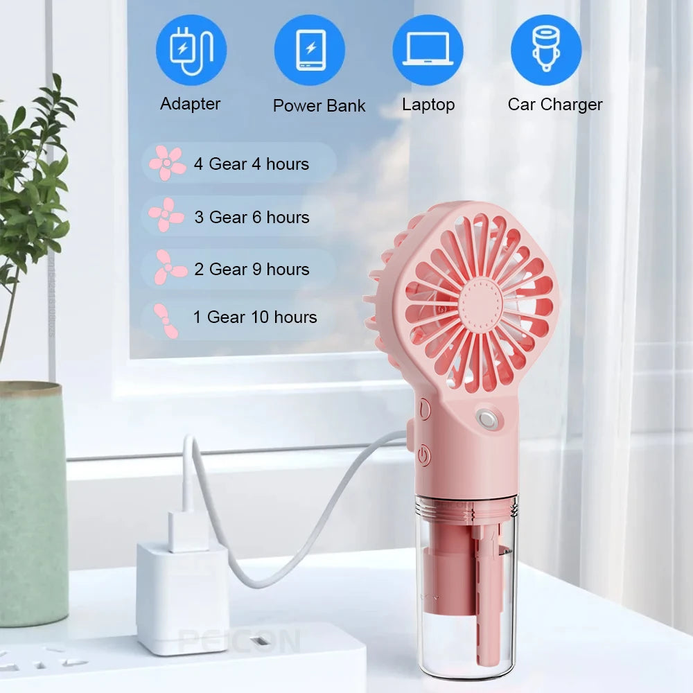 Ventilador de Mano Portátil con Rociador de Agua, Mini Ventilador USB Recargable, Humidificador, 4 Velocidades, Viento Potente, Ventilador Personal para Exteriores