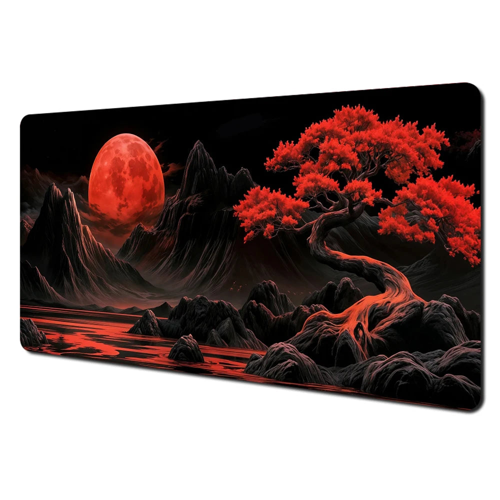 Alfombrilla de ratón grande con paisajes artísticos en rojo y negro, alfombrilla de escritorio duradera antideslizante, accesorios de oficina, alfombrilla para teclado y ratón, Tapis De Bureau