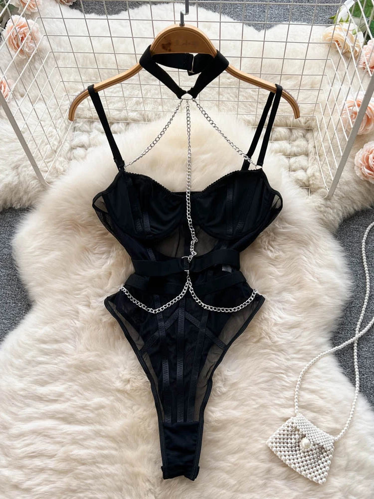 Ropa de dormir para fiesta de San Valentín, Catsuits combinados, peleles de tiras de malla eróticos íntimos ajustados, monos de mujer, lencería, conjuntos sexys