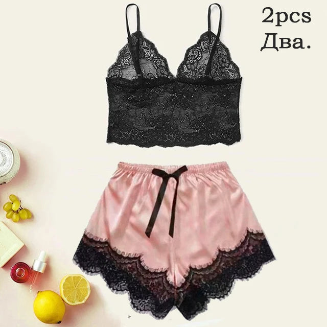 Conjunto de pijama de satén para mujer, lencería Sexy rosa, bata de baño de encaje de retazos, vestido de noche de seda, pantalones, ropa de dormir para el hogar