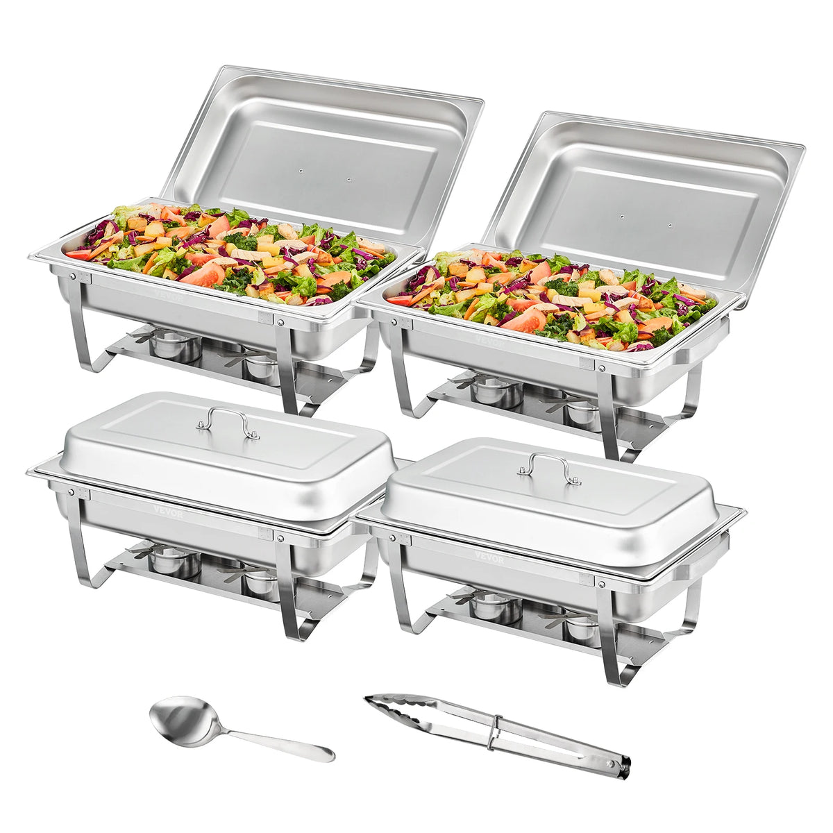 SucceBuy plato de frotamiento rectangular de 8 cuartos, 2/4/6 paquetes con sartenes de tamaño completo, calentador de Catering para Buffet, servidor, soporte plegable, bandeja de soporte de combustible