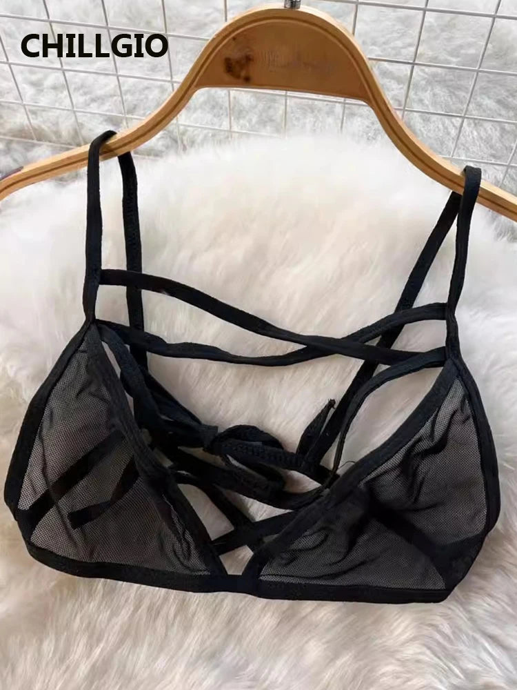CHILLGIO-Conjunto de pijama con falda de malla transparente para mujer, ropa de dormir, lencería erótica de moda, estilo Preppy japonés