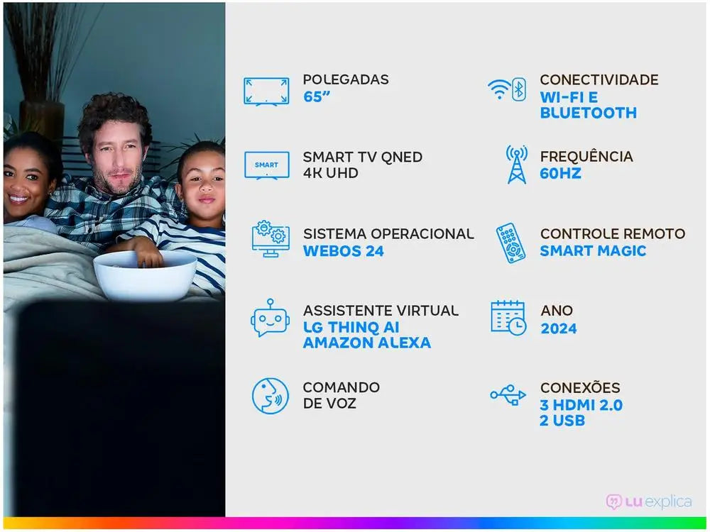 Smart TV 4K QNED LG 65QNED80TSA WebOS 24 procesador α5 Ger7 Wi-Fi Bluetooth con Alexa Chromecast 3 HDMI 2 USB
