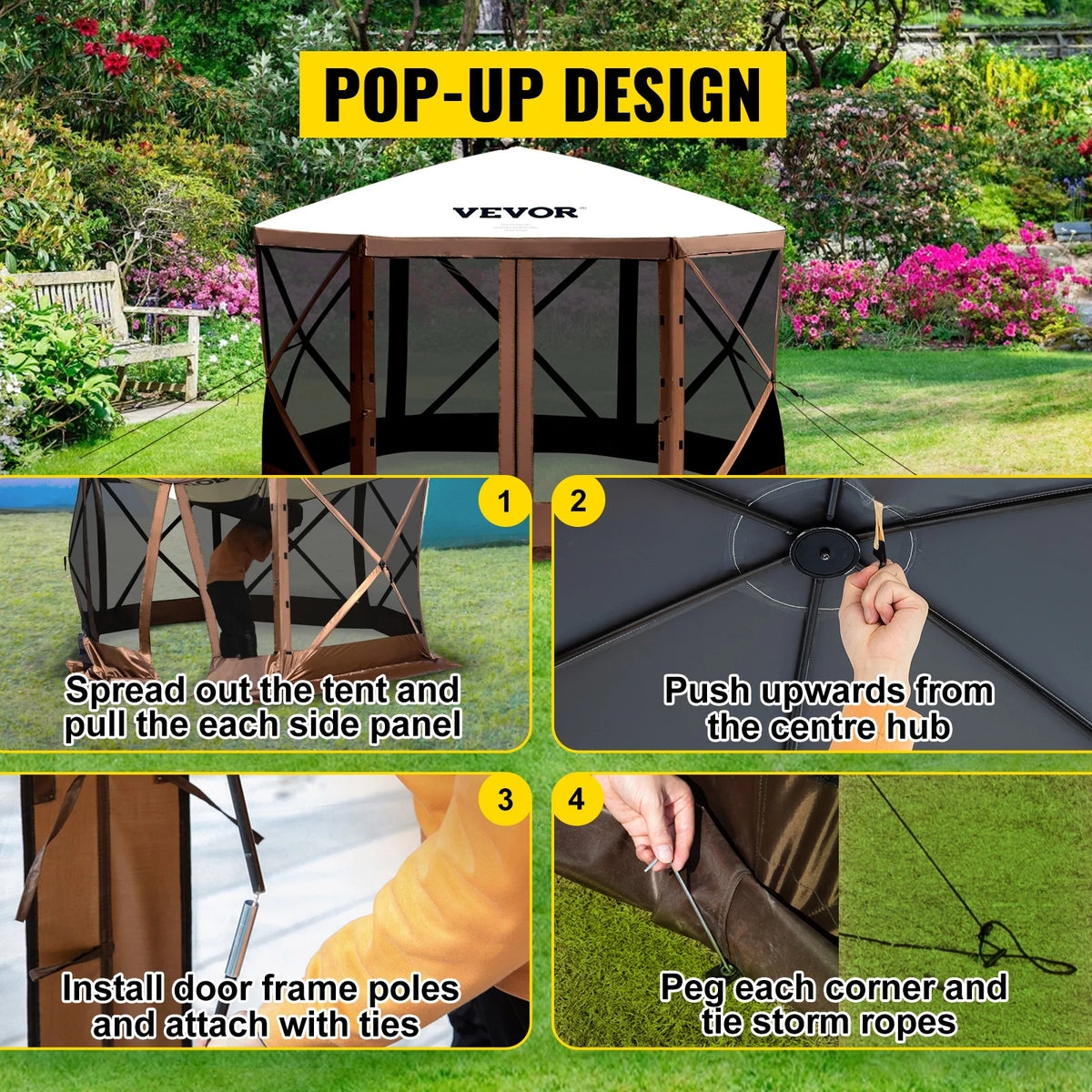 SucceBuy Gazebo emergente para acampar, refugio con dosel para acampar, 6 caras, 12' x 12' / 10' x 10', tiendas y toldos para acampar y hacer senderismo