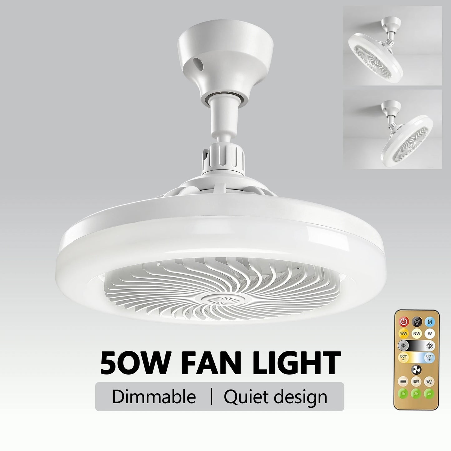 Ventilador de techo LED 2 en 1 de 50W con soporte para lámpara, control remoto, 3 velocidades, luz ajustable y regulable para dormitorio y sala de estar