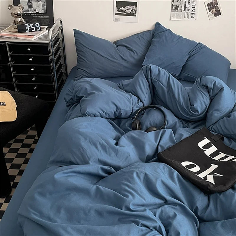 Juego de Ropa de Cama 100% Algodón, Juego de Sábanas de Algodón Lavado de Cuatro Piezas, Juego de Edredón, Funda de Edredón Doble para Parejas