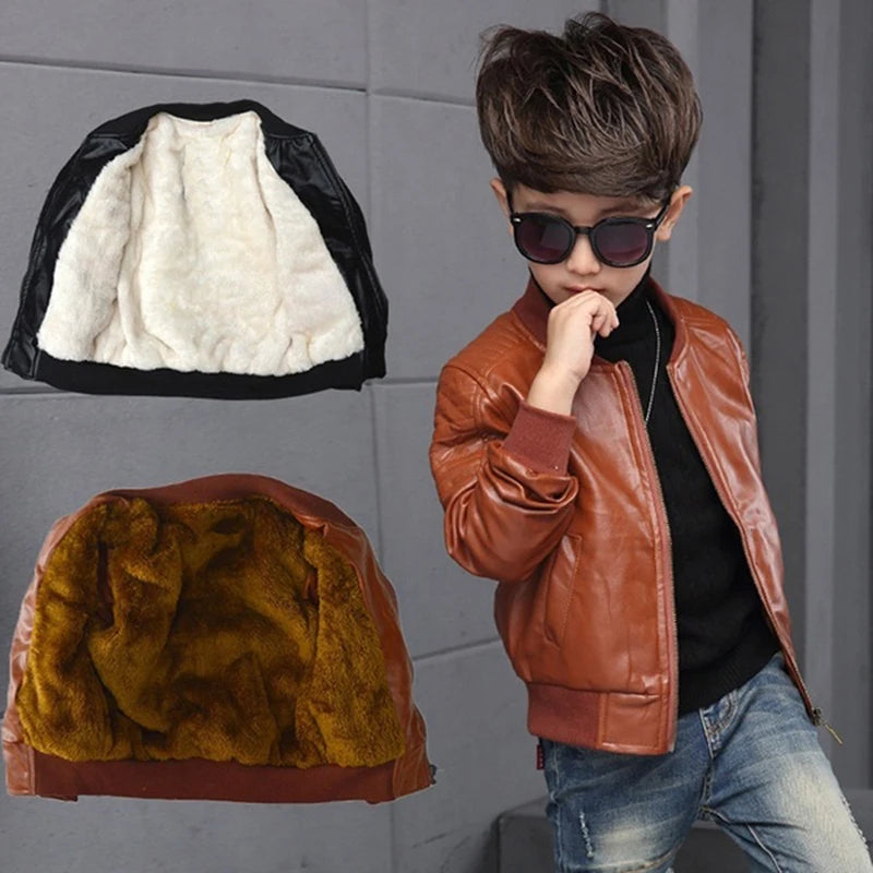 Abrigos para niños, moda de otoño e invierno, chaqueta de cuero PU de algodón cálida de terciopelo para niños coreanos, chaqueta para niños de 3 a 8 años, prendas de vestir exteriores
