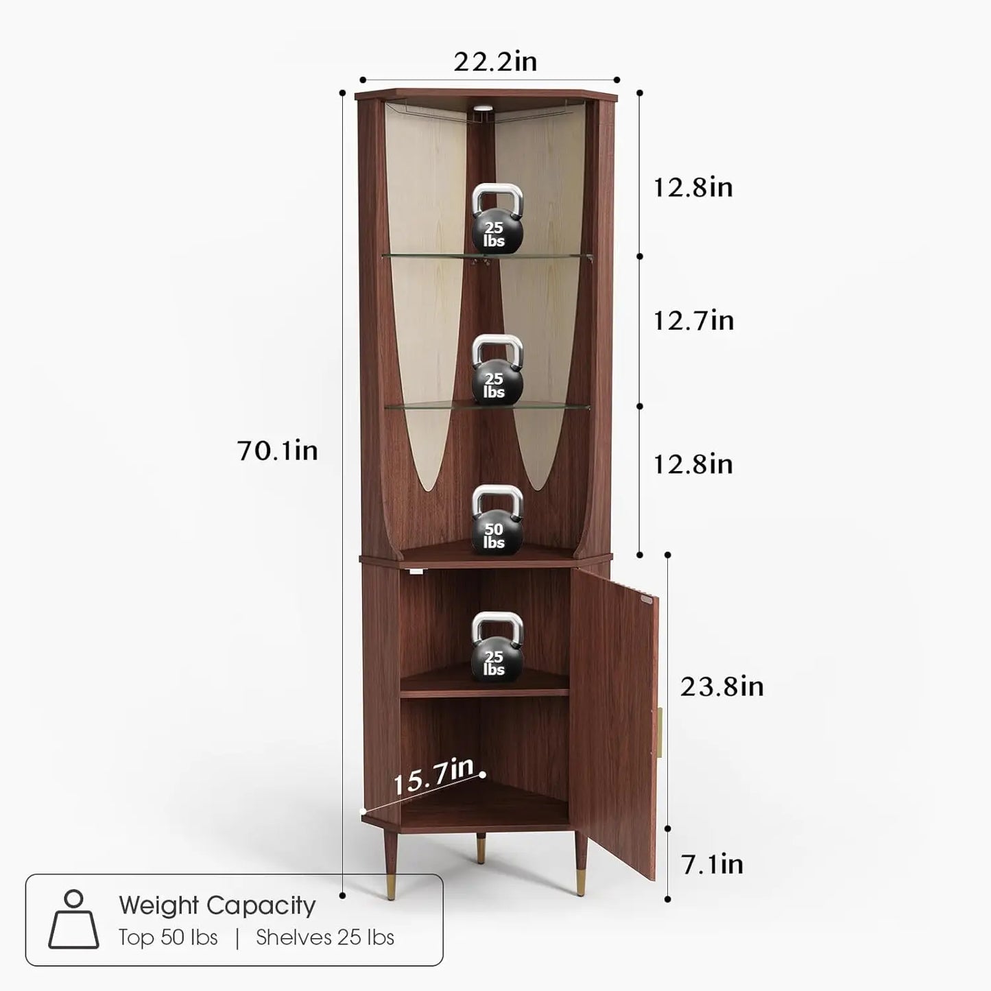 Mueble Bar Esquinero de 70 Pulgadas de Alto, Estilo Moderno de Mediados de Siglo, con Estantes de Vidrio, Puerta e Iluminación LED, Personalizable