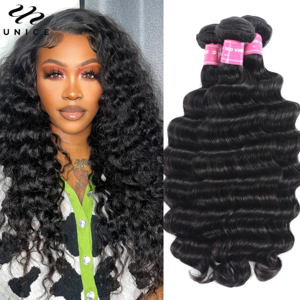 Extensiones de Cabello Natural Unice Hair, Ondulado Profundo, 1/3/4 Piezas, Color Natural, 100% Cabello Humano, Extensiones para Coser, Tejidos Rápidos