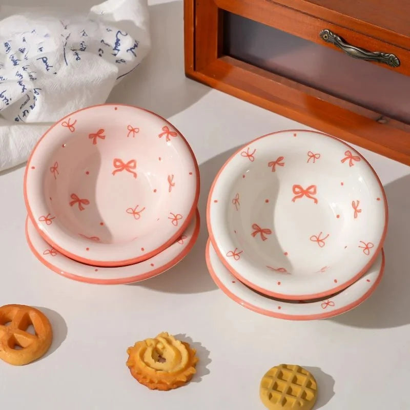 Juego de 4 Platos de Cerámica con Lazo Rosa para Salsas, Tazones Bonitos para Condimentos, Platos para Servir en la Mesa, Platos para Salsa de Soja y Vinagre, Platos para Sumergir en Hot Pot, Venta al por Mayor