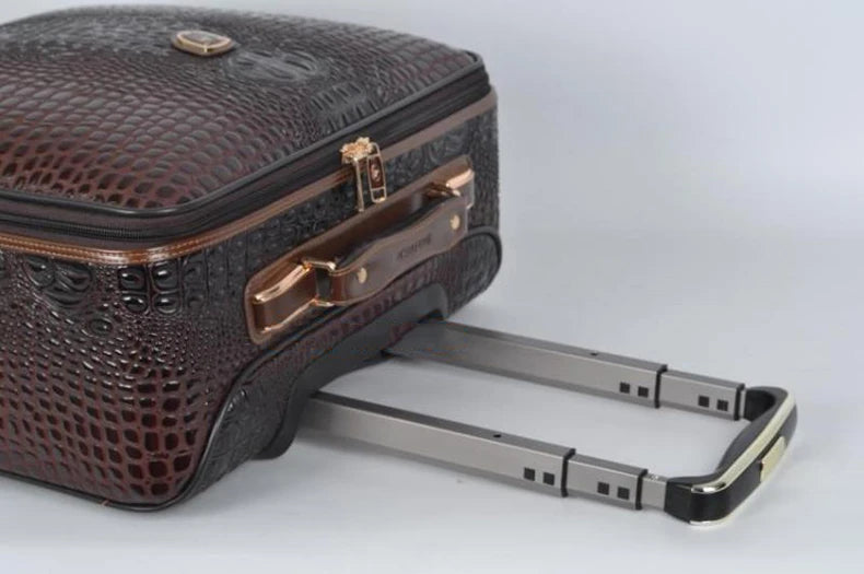 Equipaje rodante de cuero con patrón de cocodrilo, maleta con ruedas de embarque de 16/20/24 pulgadas, equipaje de viaje de cuero real para hombres y mujeres