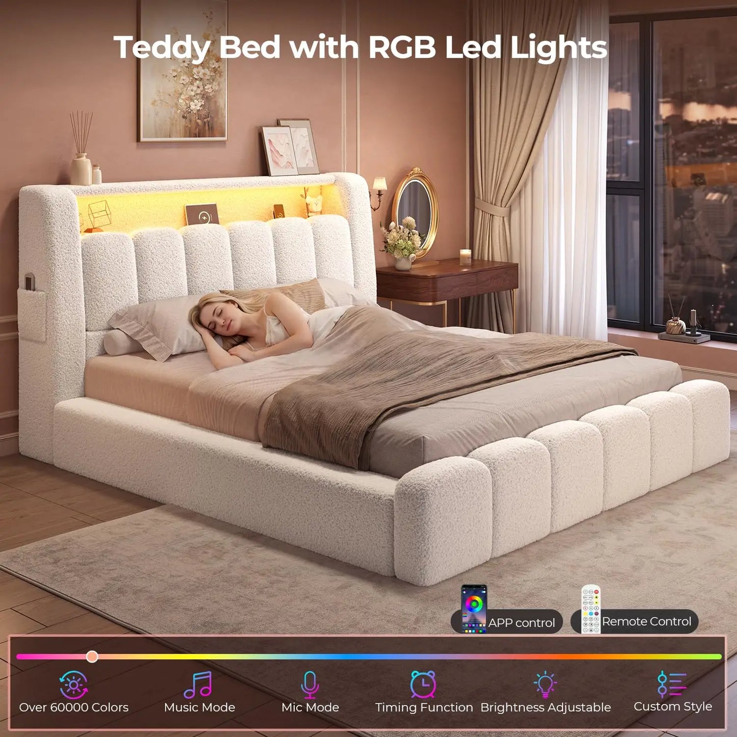 Base de Cama Nube Tamaño Completo, Acolchada con Espuma Engrosada, Color Blanco Crema |   Cabecera con Almacenamiento, Luces LED, Estación de Carga, Personalizable