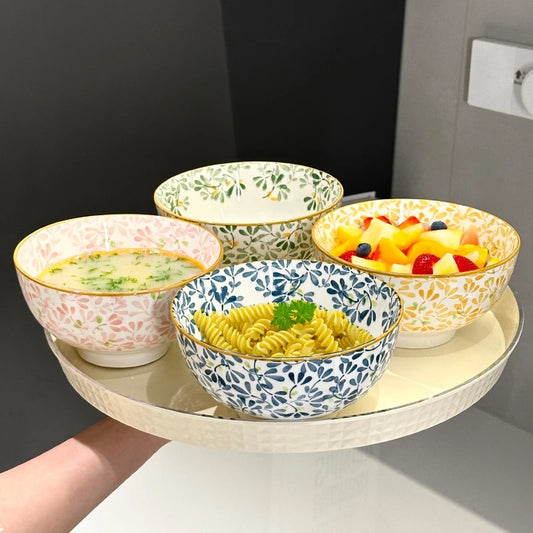 Cuenco de cerámica de gran capacidad de 6 pulgadas con patrón de flores para las cuatro estaciones, para fideos, sopa, ensalada, Pasta, apto para microondas/lavavajillas