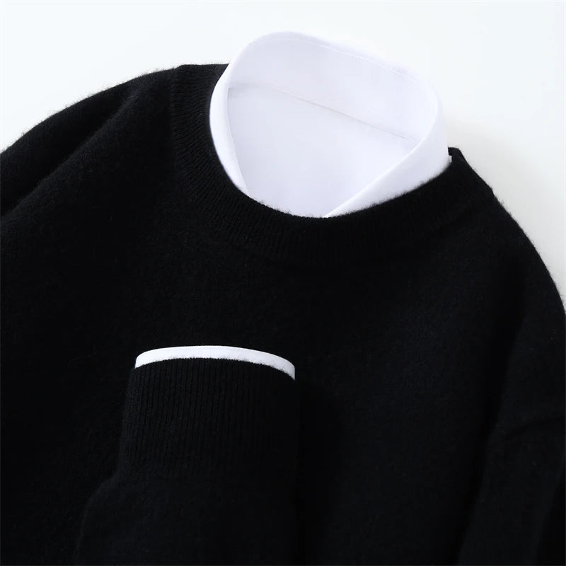 Otoño/Invierno, jersey de cachemira pura de 100% para hombre, suéter de punto liso informal de negocios, Tops sueltos de cuello redondo, jersey grueso y cálido