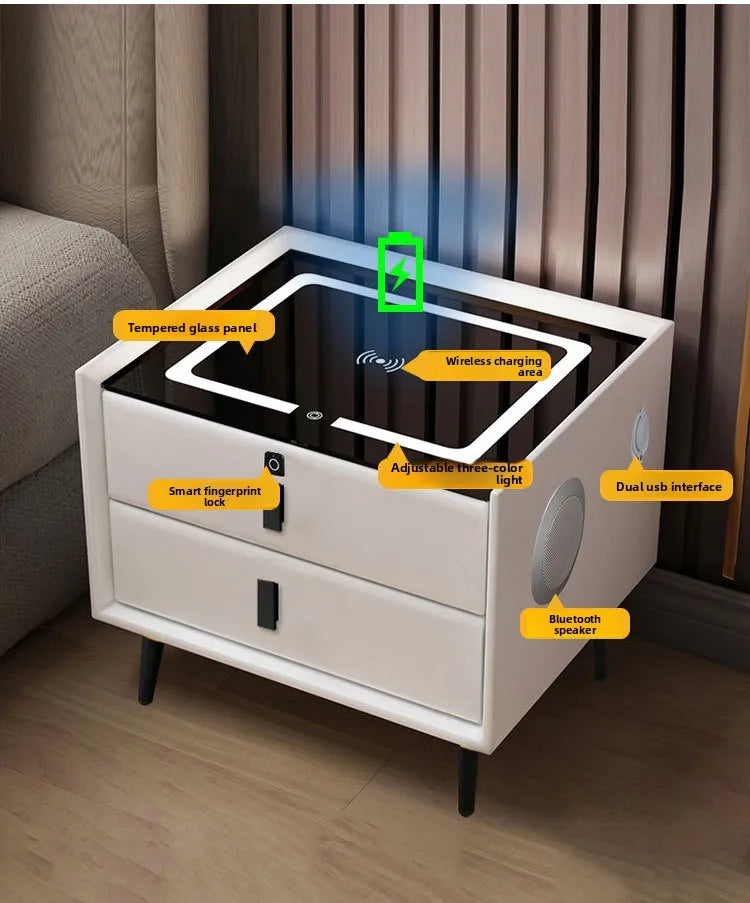 Mesita de noche de madera inteligente con altavoz cargador inalámbrico, mesita de noche minimalista moderna de dos cajones, muebles multifuncionales para el hogar
