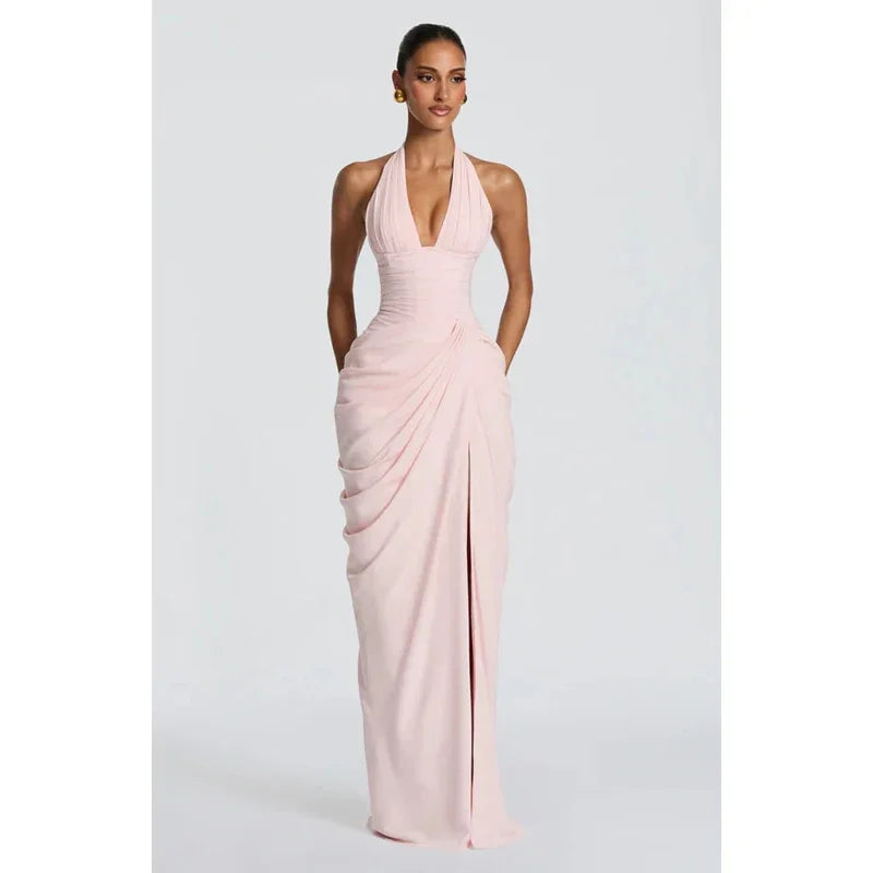 Vestido Maxi Plisado Sólido Sexy con Cuello Halter para Mujer, sin Mangas, sin Espalda, con Cintura Ajustada y Abertura, Vestidos de Fiesta de Verano 2026